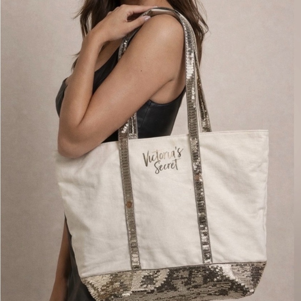 Victoria's Secret Cream and Gold Sequin Tote